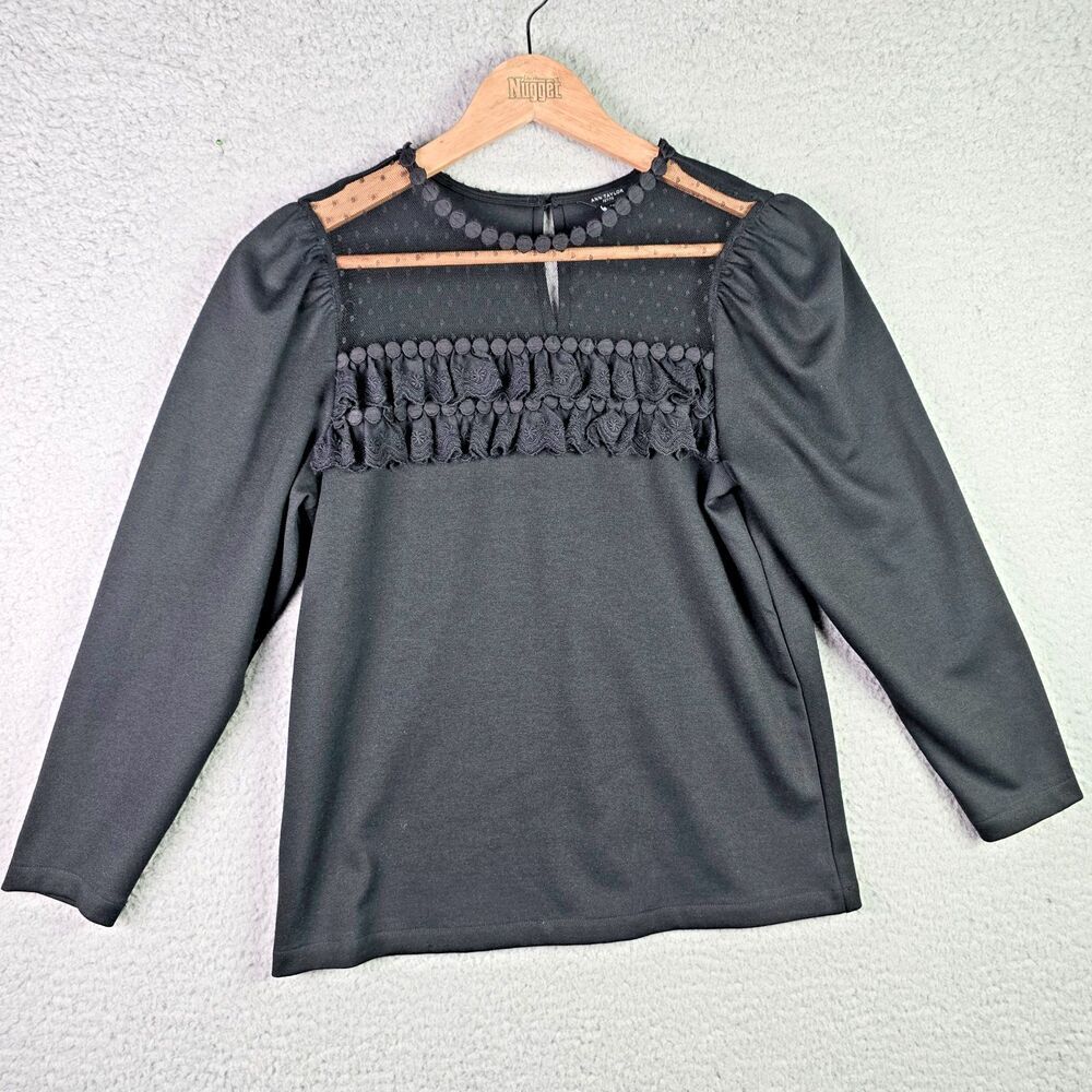 Ann Taylor Womens Blouse SP Black Mesh Yoke Long Sleeve Elegant Feminine Modern